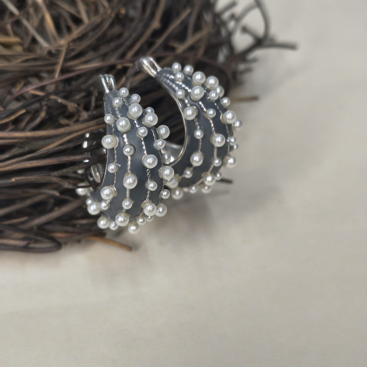 Silver Pearl‑Embellished Hoop Earrings