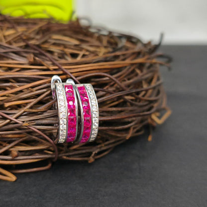 Silver Ruby Hoop Earrings