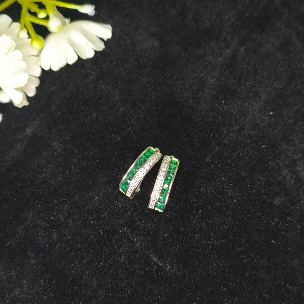 Silver Green Gem Hoop Earrings