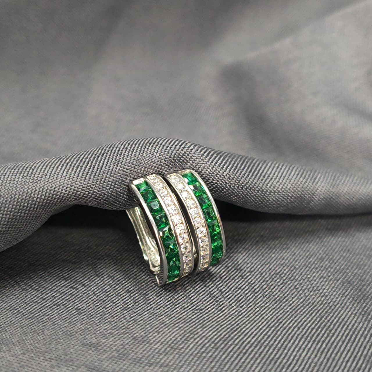 Silver Green Gem Hoop Earrings