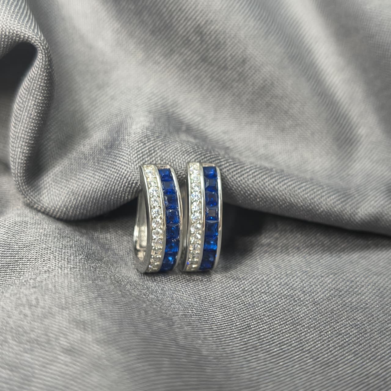 Silver Blue Gem Hoop Earrings