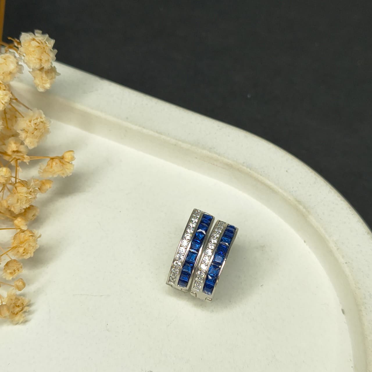 Silver Blue Gem Hoop Earrings