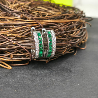 Silver Green Gem Hoop Earrings