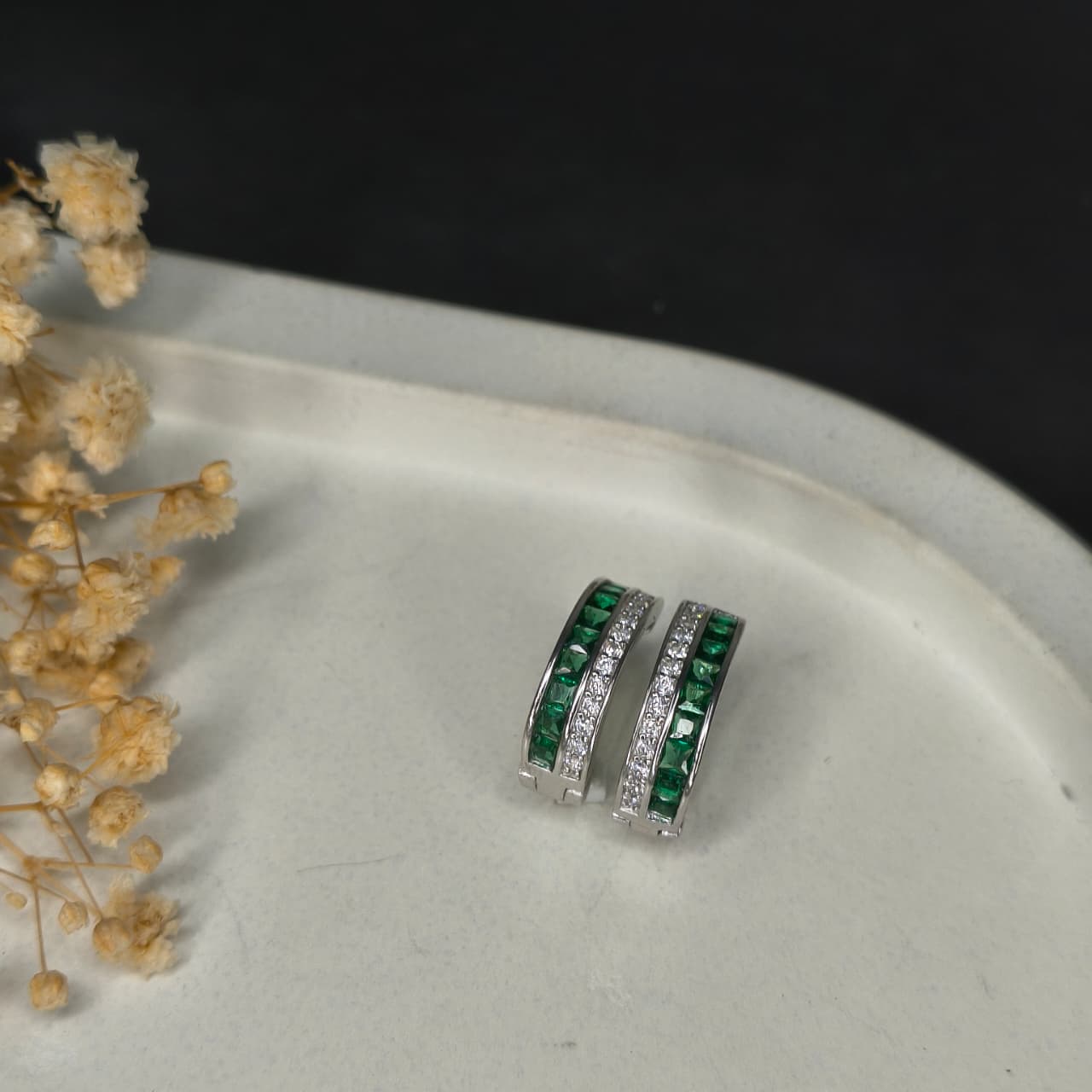 Silver Green Gem Hoop Earrings