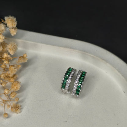 Silver Green Gem Hoop Earrings