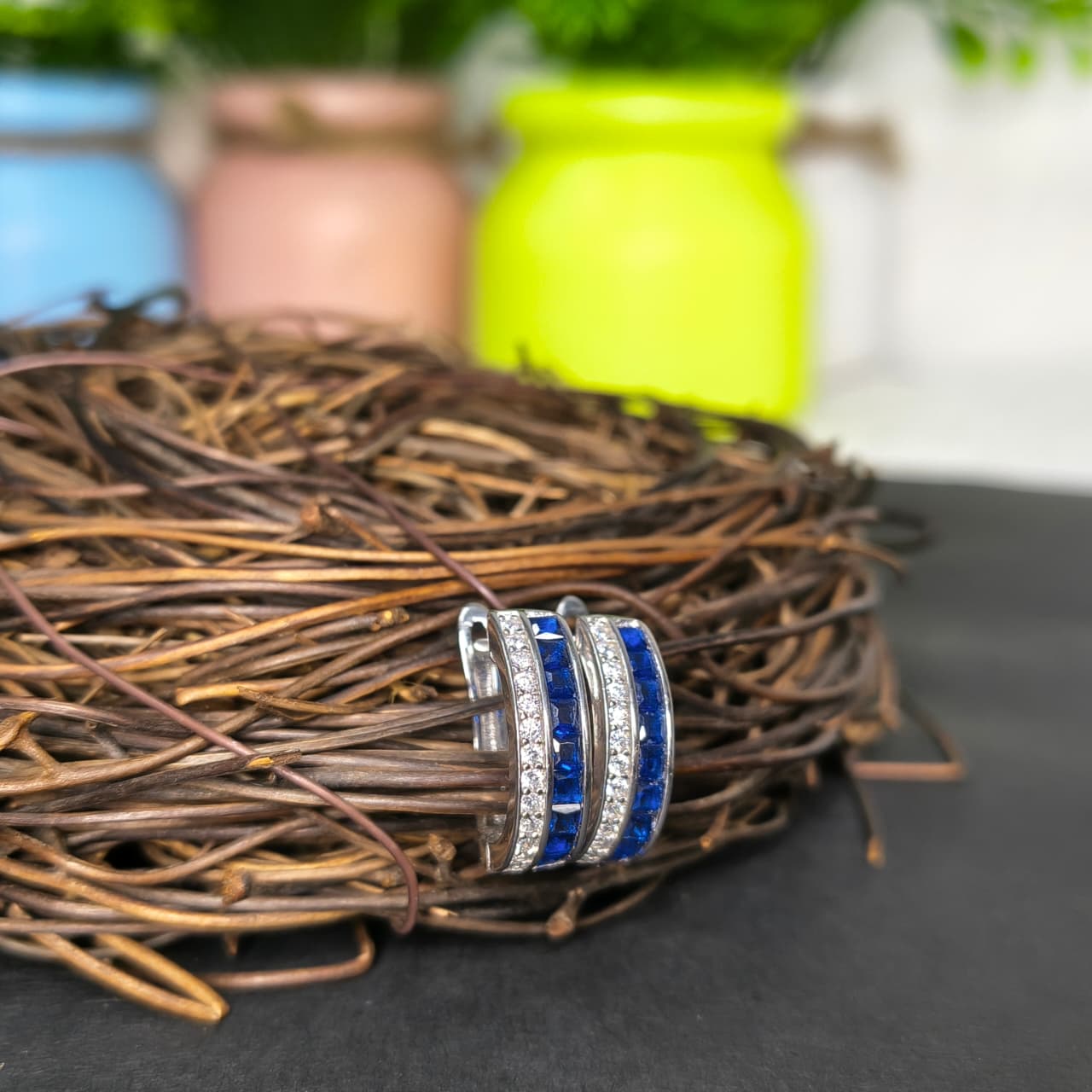 Silver Blue Gem Hoop Earrings
