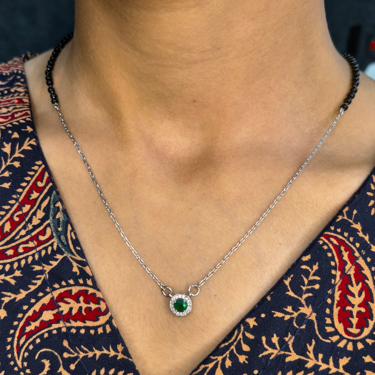Silver Green Stone With Chain Mangalsutra