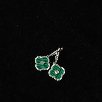 Silver Green Clover Hoops Earring
