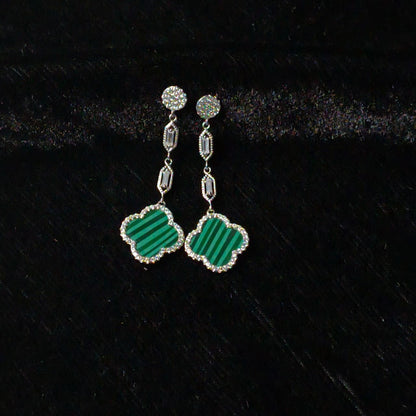 Silver Fourleaf Clover Statement Earrings in Green