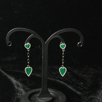 Silver Drop Heart Earrings in Green