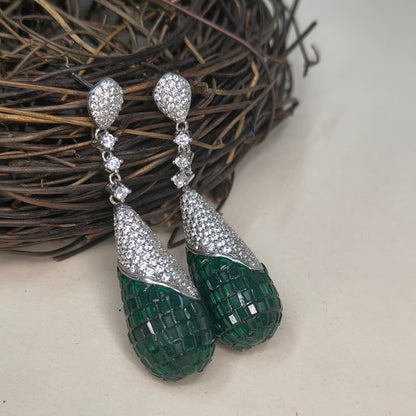 Silver Emerald Teardrop Diamond  Earring