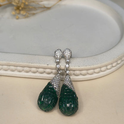 Silver Emerald Teardrop Diamond  Earring