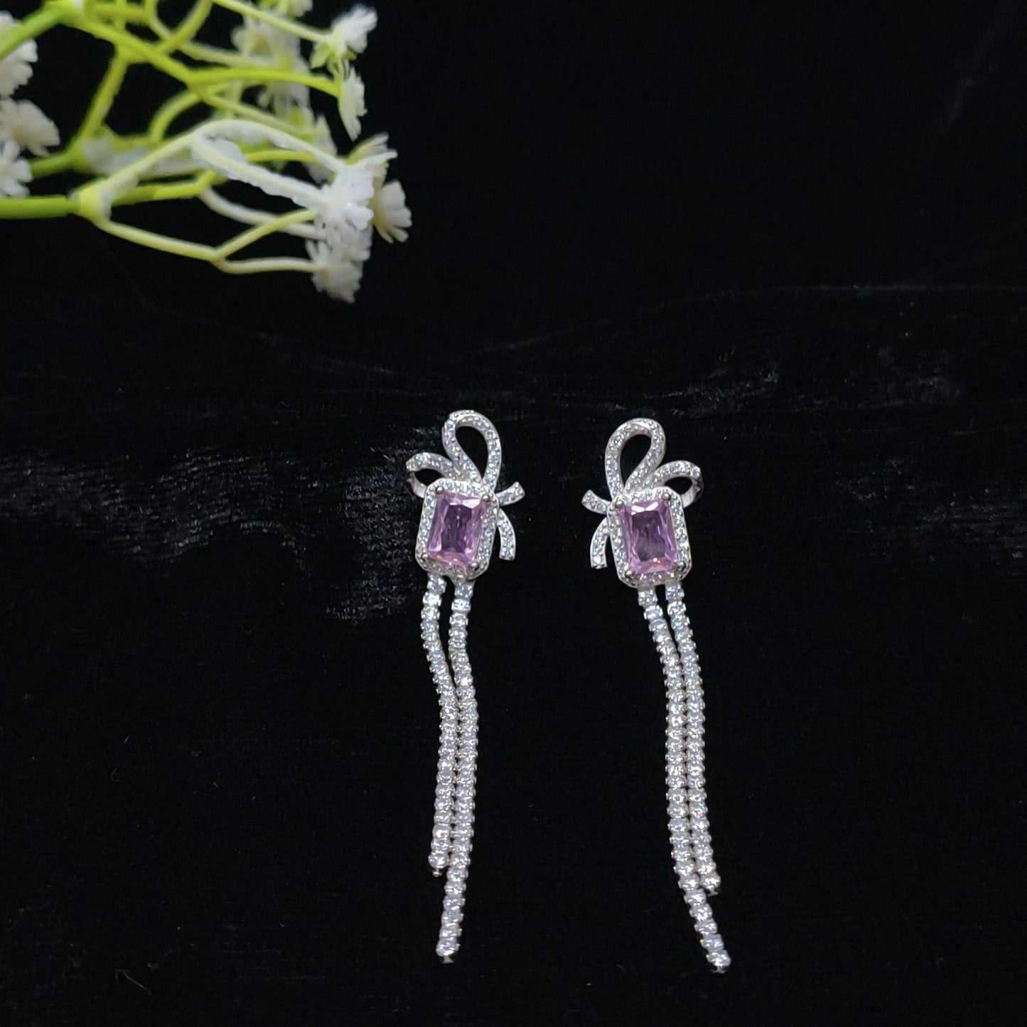 Silver Pink Stone Dual Strip Modern Earring