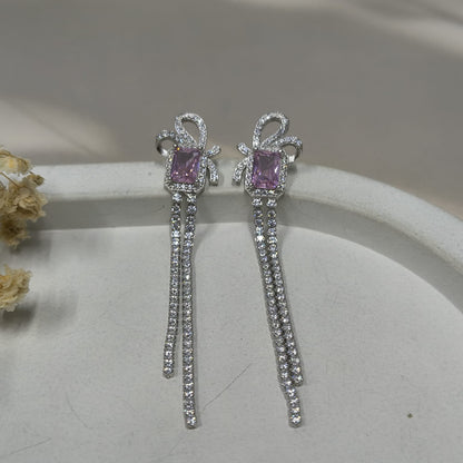 Silver Pink Stone Dual Strip Modern Earring