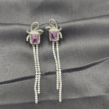 Silver Pink Stone Dual Strip Modern Earring