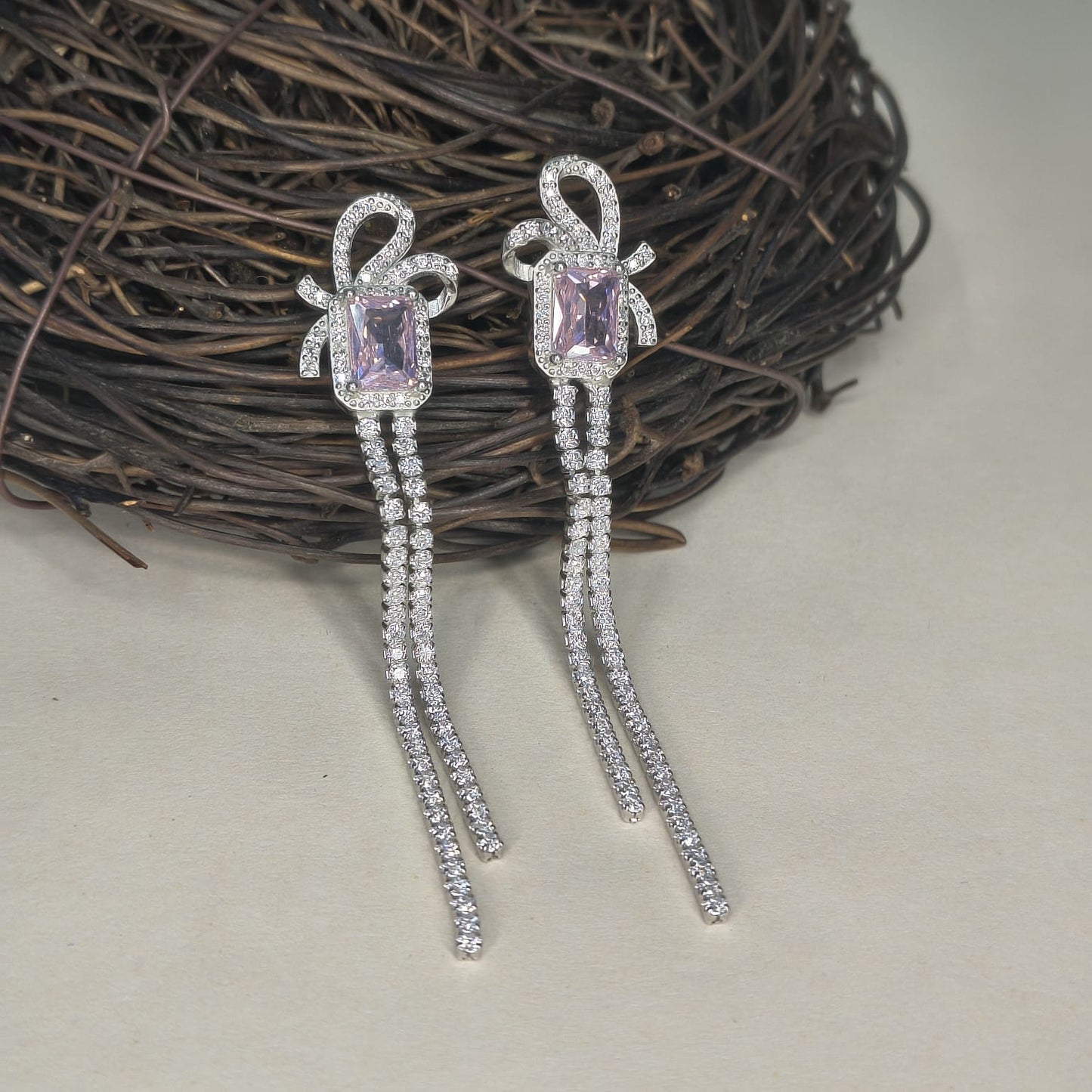 Silver Pink Stone Dual Strip Modern Earring