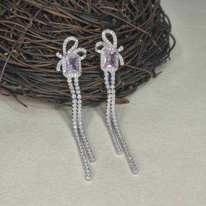 Silver Pink Stone Dual Strip Modern Earring