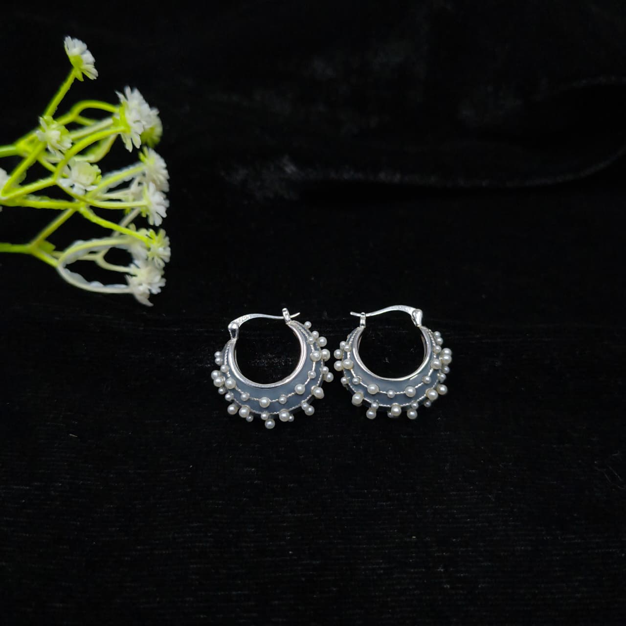 Silver Pearl‑Embellished Hoop Earrings