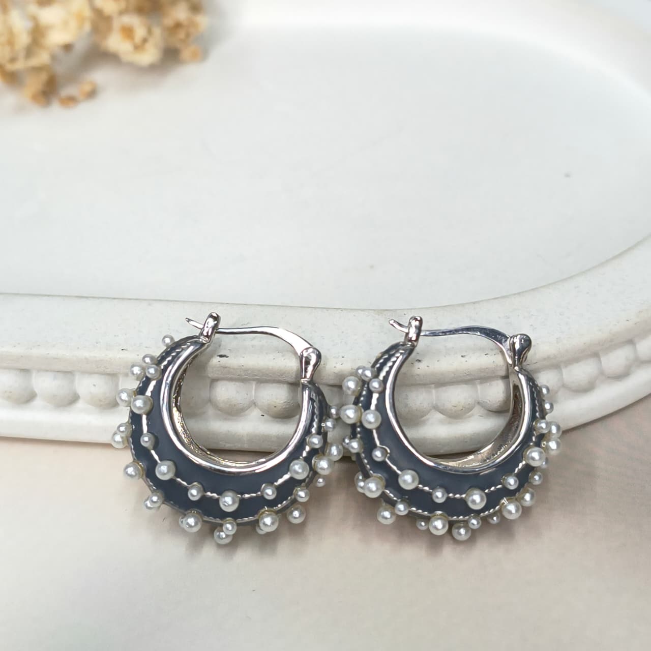 Silver Pearl‑Embellished Hoop Earrings