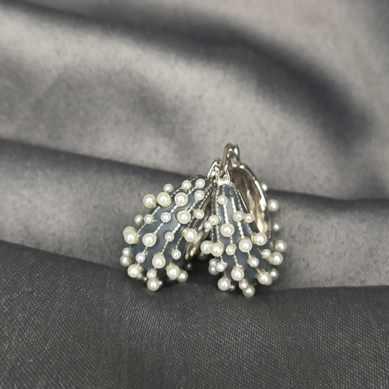 Silver Pearl‑Embellished Hoop Earrings