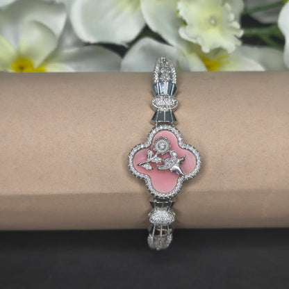 Silver Elegant Pink Flower Bracelet