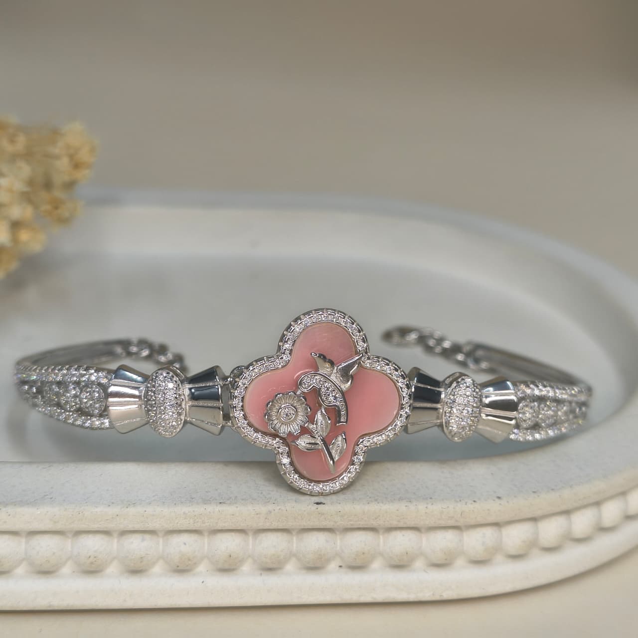 Silver Elegant Pink Flower Bracelet