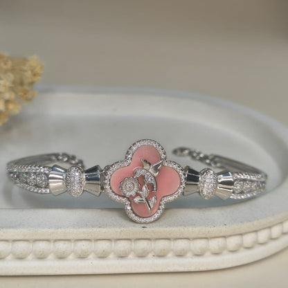 Silver Elegant Pink Flower Bracelet