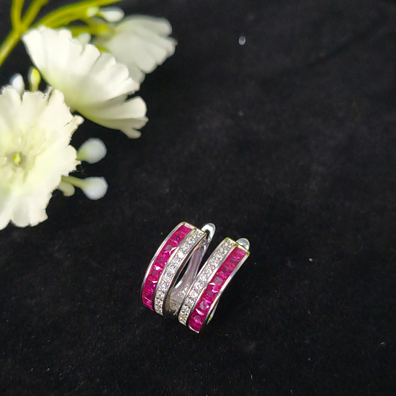 Silver Ruby Hoop Earrings