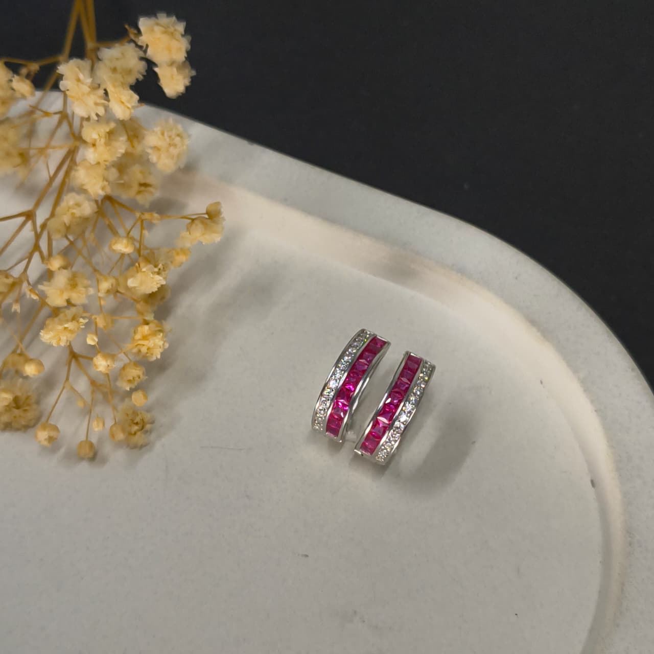 Silver Ruby Hoop Earrings