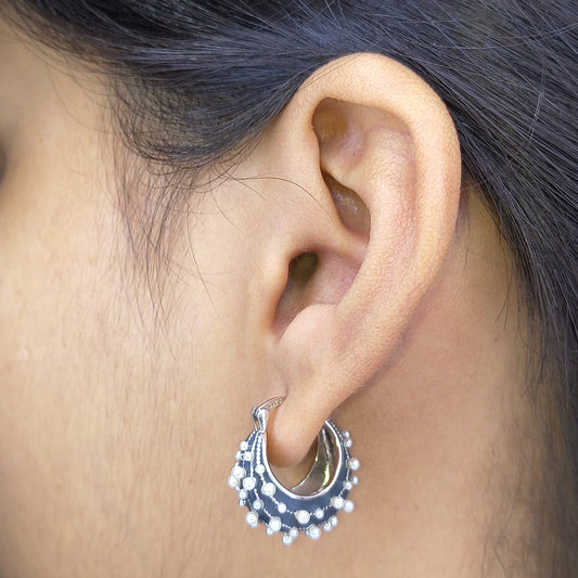 Silver Pearl‑Embellished Hoop Earrings