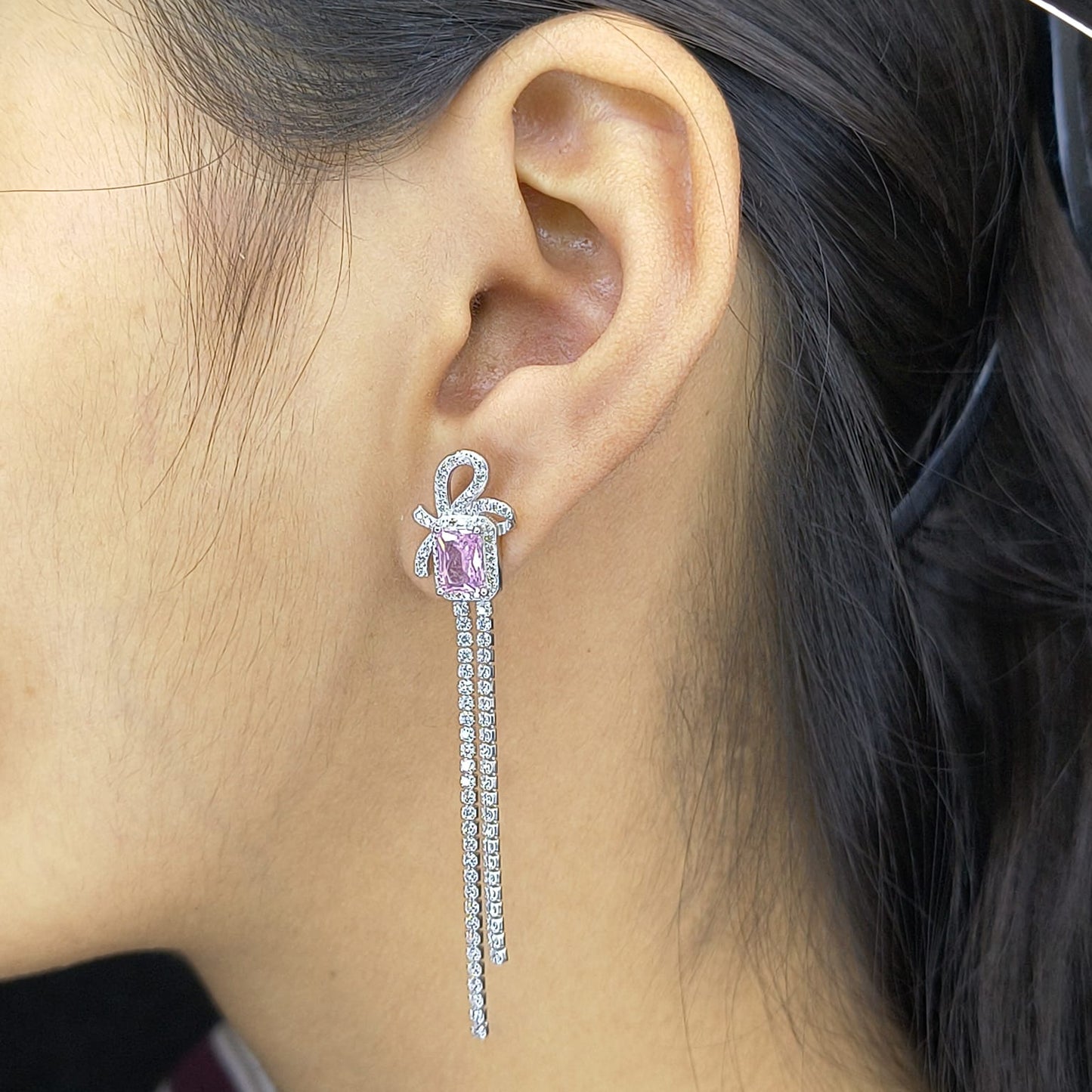 Silver Pink Stone Dual Strip Modern Earring