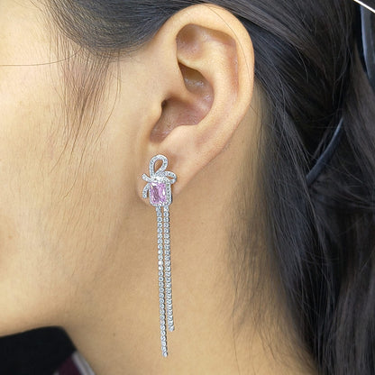Silver Pink Stone Dual Strip Modern Earring