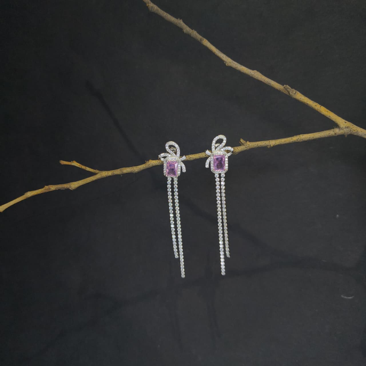 Silver Pink Stone Dual Strip Modern Earring