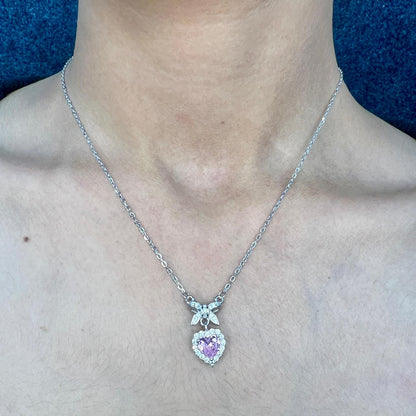 Silver Pink Heart Bow Necklace