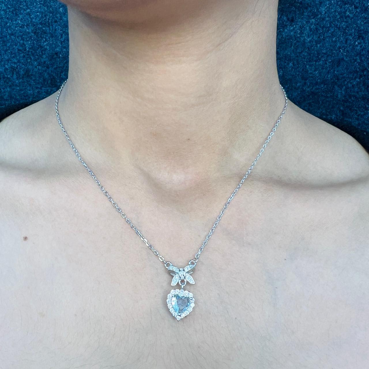 Silver Aquamarine Heart Bow Necklace Set