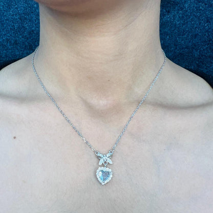 Silver Aquamarine Heart Bow Necklace Set