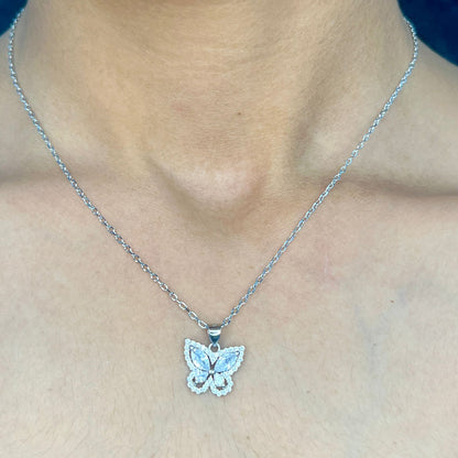 Silver Crystal Encrusted Butterfly Necklace Set