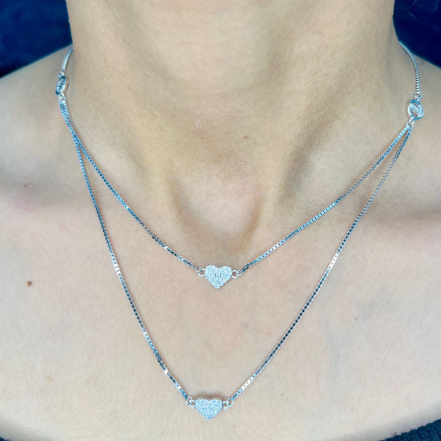 Silver Layered Pave Heart Necklace Set