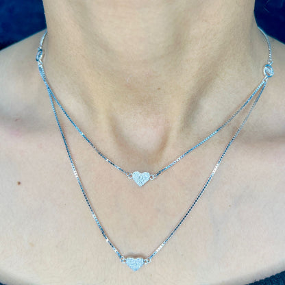 Silver Layered Pave Heart Necklace Set
