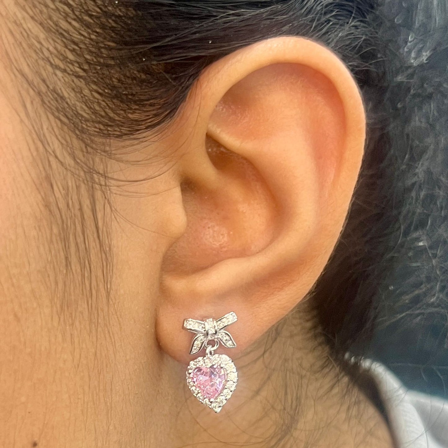 Silver Pink Heart Bow Necklace