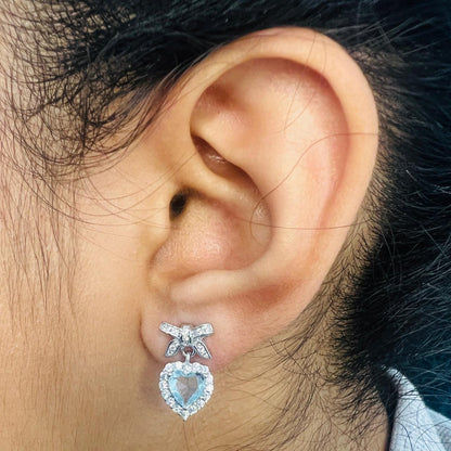 Silver Aquamarine Heart Bow Necklace Set