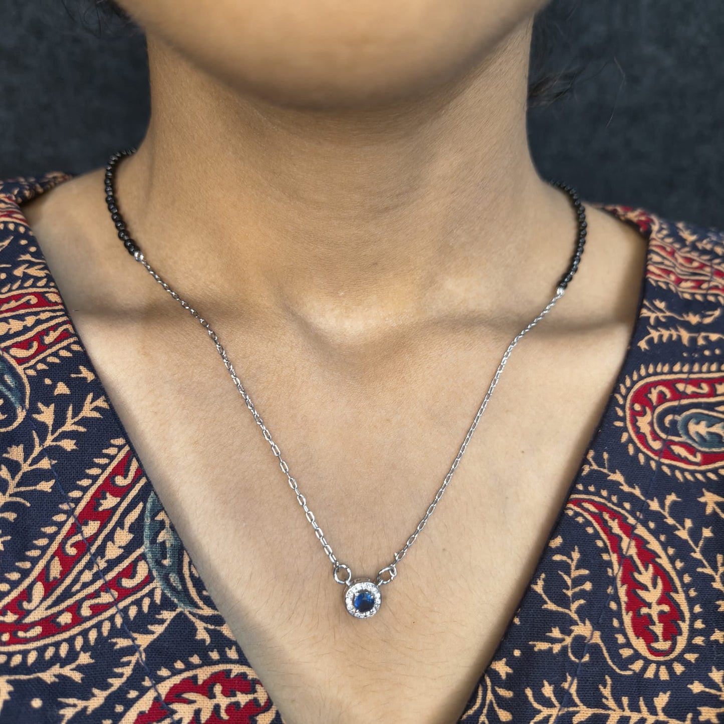 Silver Blue Stone With Chain Mangalsutra