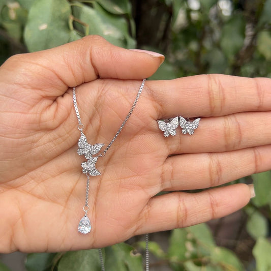 Silver Dainty Butterfly Necklace Set
