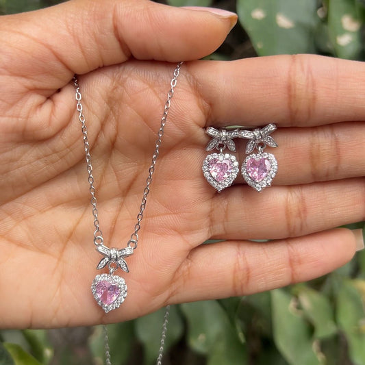 Silver Pink Heart Bow Necklace