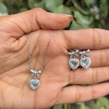 Silver Aquamarine Heart Bow Necklace Set