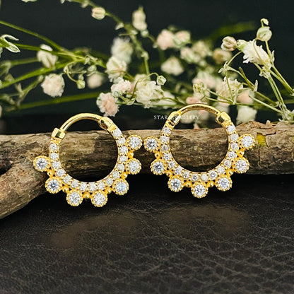 14K Solid Gold Bezel Set Miligrain Diamond Daith Clicker