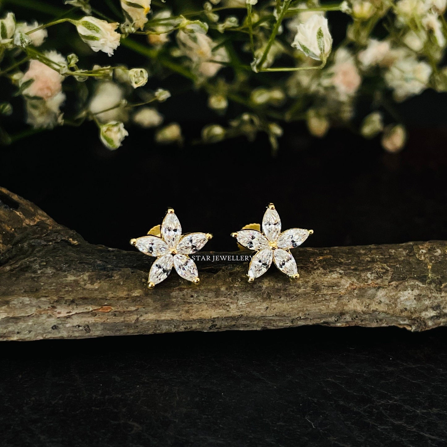 14K Solid Gold STAR Marquise Diamond Piercing, STAR Piercing for Ear Lobe, Tragus, Helix and Conch, Star Piercing with Genuine Diamond