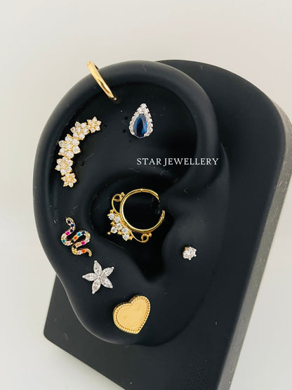 14K Solid Gold STAR Marquise Diamond Piercing, STAR Piercing for Ear Lobe, Tragus, Helix and Conch, Star Piercing with Genuine Diamond