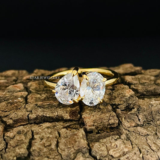 14K Solid Gold Toi Et Moi Pear Cut & Oval Cut Lab Grown Diamond Ring