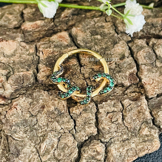 14K Solid Gold CZ Green Diamond Snake Daith Piercing